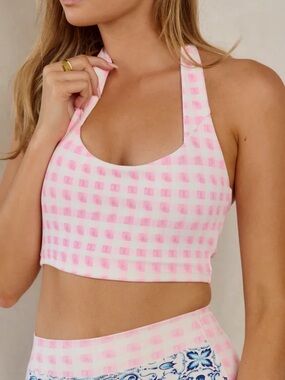 Astoria Halter Crop Top Sports Bra - Pink Gingham Size Medium